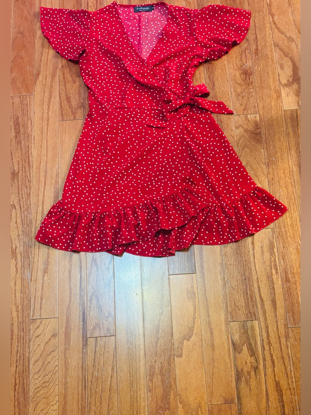 Relipop Red Polka Dot Wrap Mini Dress with Ruffle Hem NWOT Size Small - Picture 2 of 10